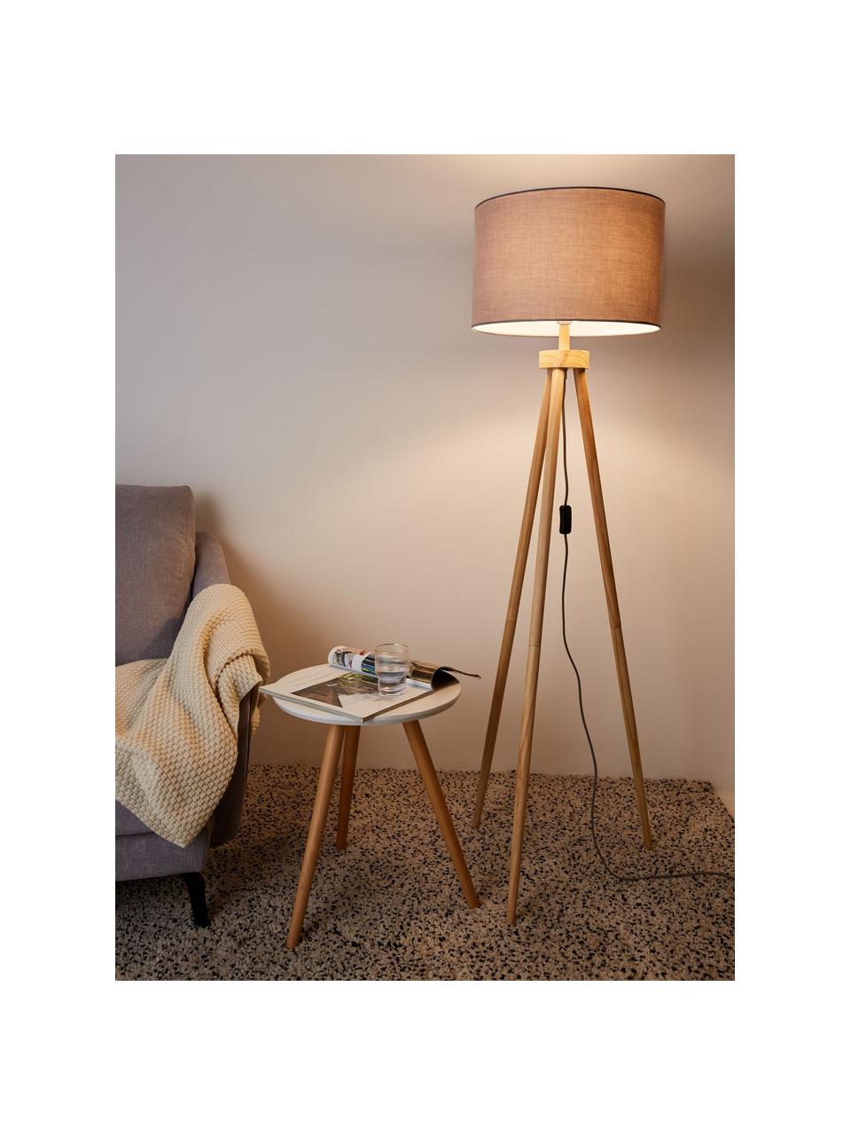 Tripod vloerlamp Grand Coziness met houten voet, Lampenkap: stof, Lampvoet: hout, Grijs, houtkleurig, Ø 51 x H 147 cm