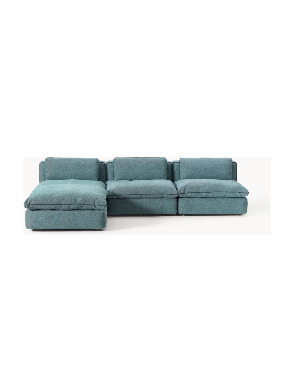 Canapé d'angle modulable avec pouf Felix, Tissu vert turquoise, larg. 300 x prof. 210 cm