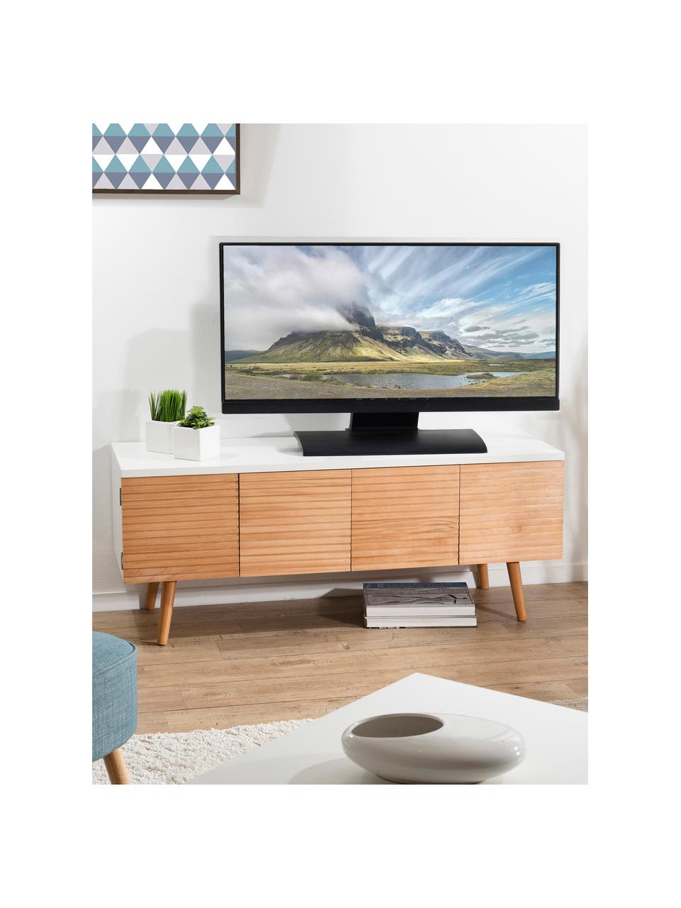 Scandi tv-meubel Pedro met deuren, Frame: gelakt MDF, Wit, grenenhoutkleurig, 120 x 48 cm