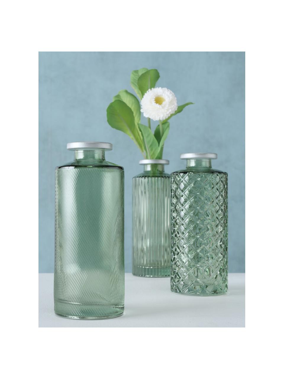 Kleine Vasen Adore aus Glas, 3er-Set, Glas, gefärbt, Grün, transparent, Silberfarben, Ø 5 x H 13 cm