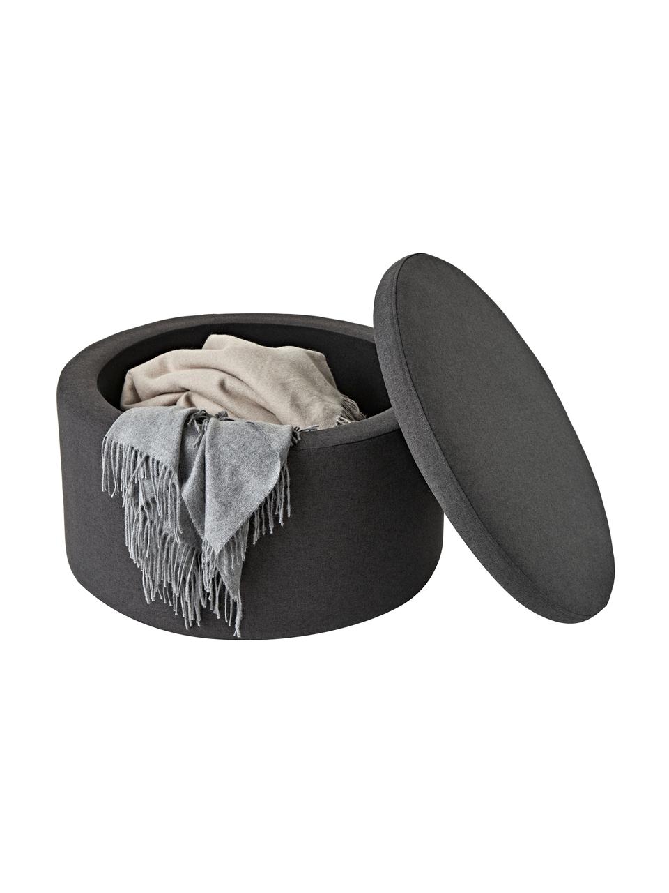 Grand tabouret rembourré avec coffre Alida, Tissu gris foncé, Ø 70 x haut. 42 cm