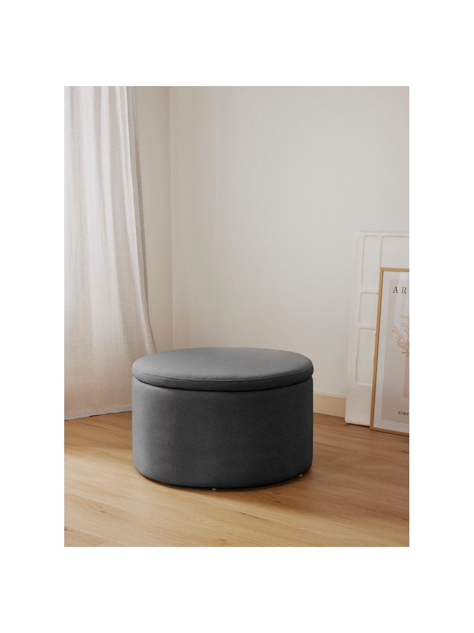 Grand tabouret rembourré avec coffre Alida, Tissu gris foncé, Ø 70 x haut. 42 cm