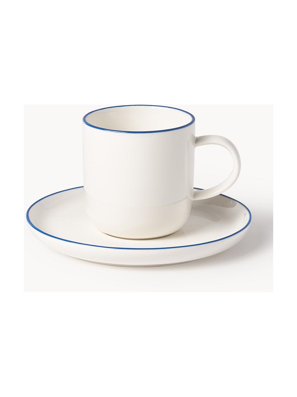 Tasses à café en porcelaine Facile, 2 pièces, Porcelaine robuste de haute qualité (env. 50 % kaolin, 25 % quartz et 25 % feldspath), Blanc cassé avec bordure bleu foncé, Ø 8 x haut. 8 cm, 270 ml