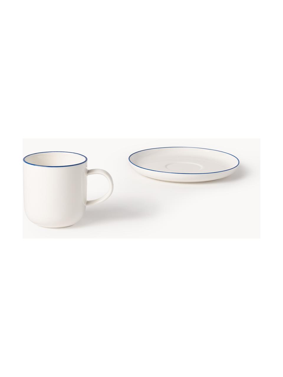 Tasses à café en porcelaine Facile, 2 pièces, Porcelaine robuste de haute qualité (env. 50 % kaolin, 25 % quartz et 25 % feldspath), Blanc cassé avec bordure bleu foncé, Ø 8 x haut. 8 cm, 270 ml