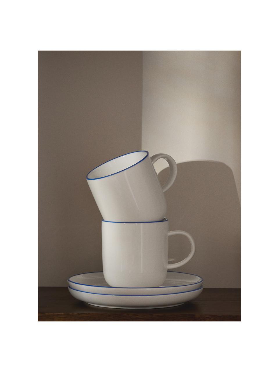 Tasses à café en porcelaine Facile, 2 pièces, Porcelaine robuste de haute qualité (env. 50 % kaolin, 25 % quartz et 25 % feldspath), Blanc cassé avec bordure bleu foncé, Ø 8 x haut. 8 cm, 270 ml