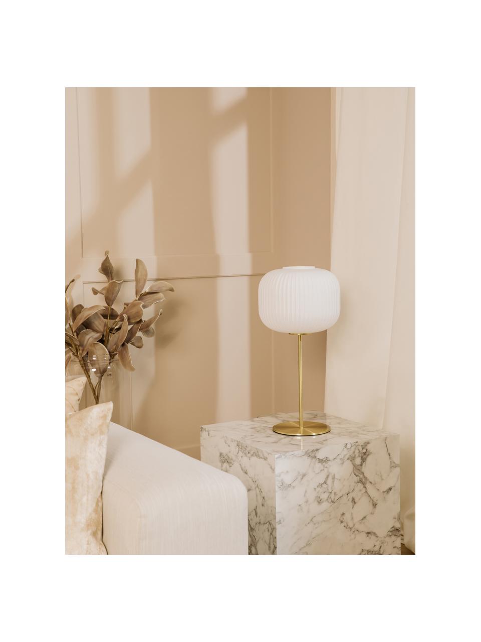 Große Tischlampe Sober mit Glasschirm, Lampenschirm: Glas, Lampenfuß: Metall, gebürstet, Weiß, Gold, Ø 25 x H 50 cm