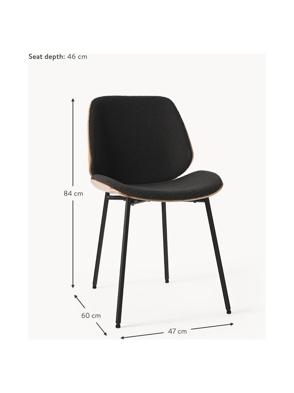 Houten stoelen Tamara met gestoffeerde bouclé zitting, 2 stuks, Bekleding: bouclé (100 % polyester), Zitvlak: multiplex met eiken, Poten: gepoedercoat metaal, Bouclé zwart, B 47 x D 60 cm