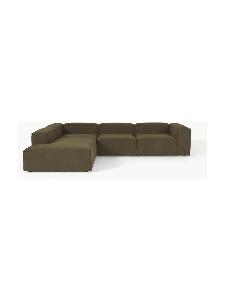 Narożna sofa modułowa Bouclé XL Lennon, Tapicerka: Bouclé (100% poliester) D, Stelaż: lite drewno sosnowe, skle, Nogi: tworzywo sztuczne Ten pro, Oliwkowozielony Bouclé, S 329 x G 269 cm, prawostronna