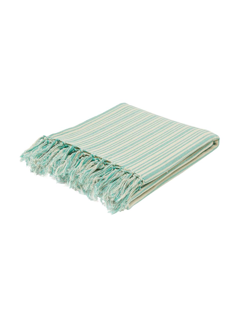 Couvre-lit en coton pur avec franges Puket, Turquoise, blanc cassé