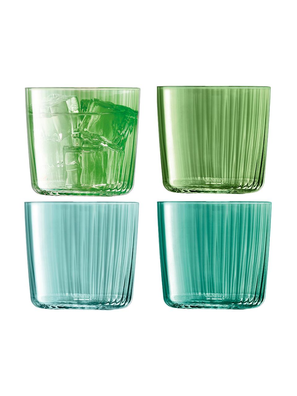 Vasos de colores con relieve de vidrio soplado artesanalmente Gemas, 4 uds., Vidrio soplado artesanalmente, Verde, Ø 8 x Al 7 cm
