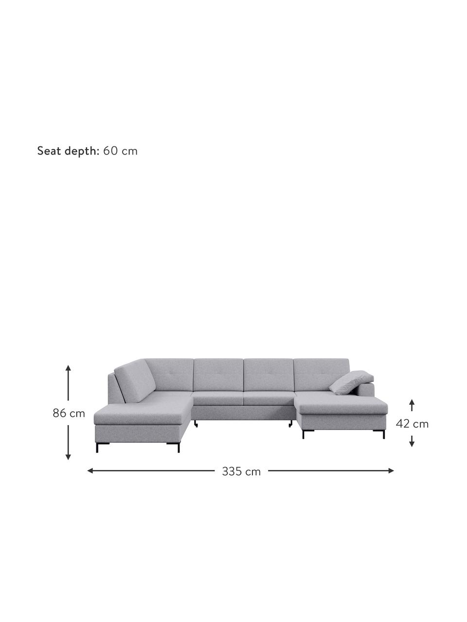 Divano letto angolare in tessuto grigio chiaro con contenitore Moor, Rivestimento: 100% poliestere con siste, Struttura: legno duro, legno tenero,, Piedini: legno, laccato Il rivesti, Grigio chiaro, Larg. 335 x Prof. 235 cm