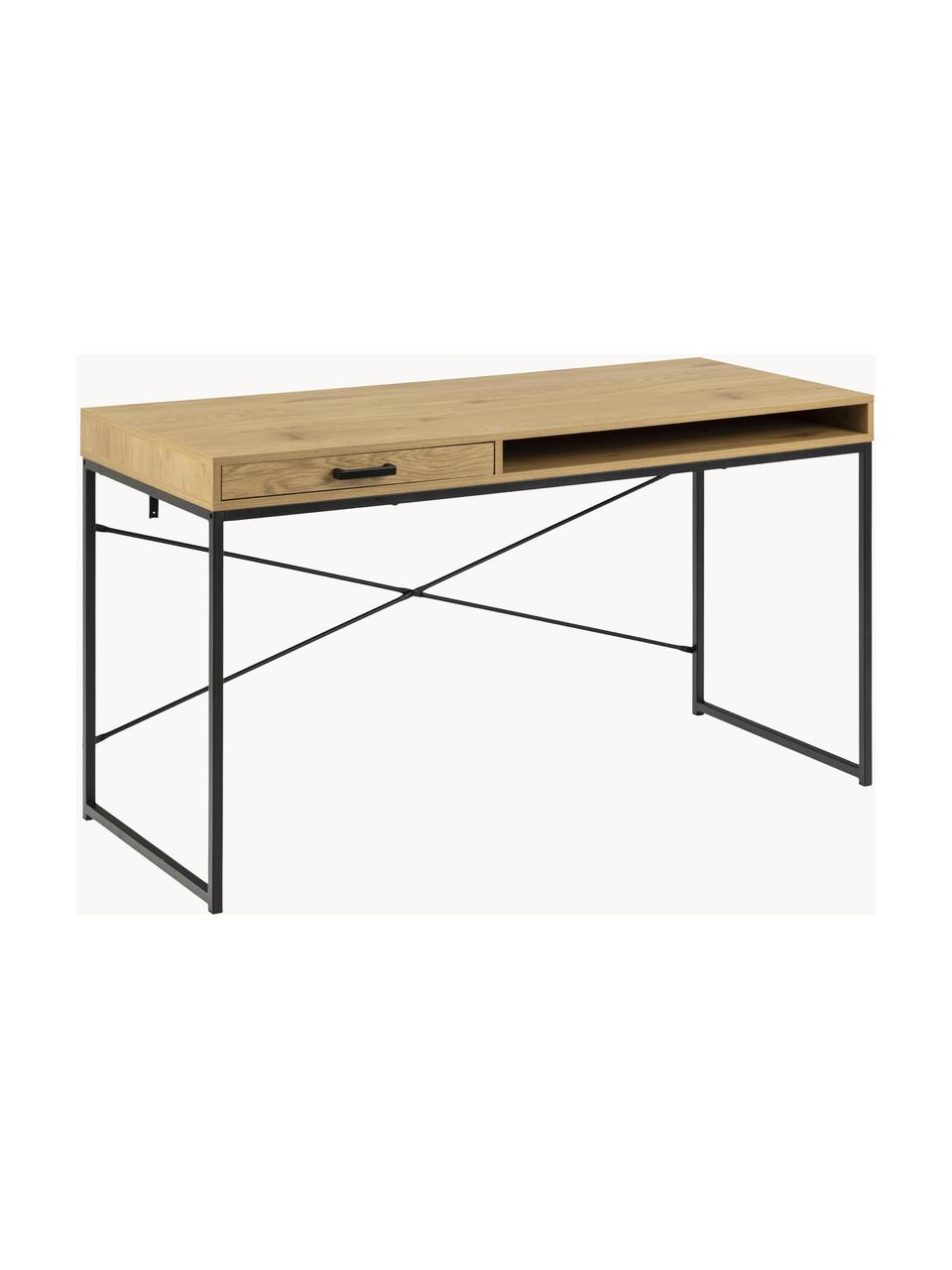 Bureau Seaford met lades, Tafelblad: gelamineerd MDF, wild eik, Frame: gepoedercoat metaal, Houtoptiek, zwart, B 140 x H 58 cm