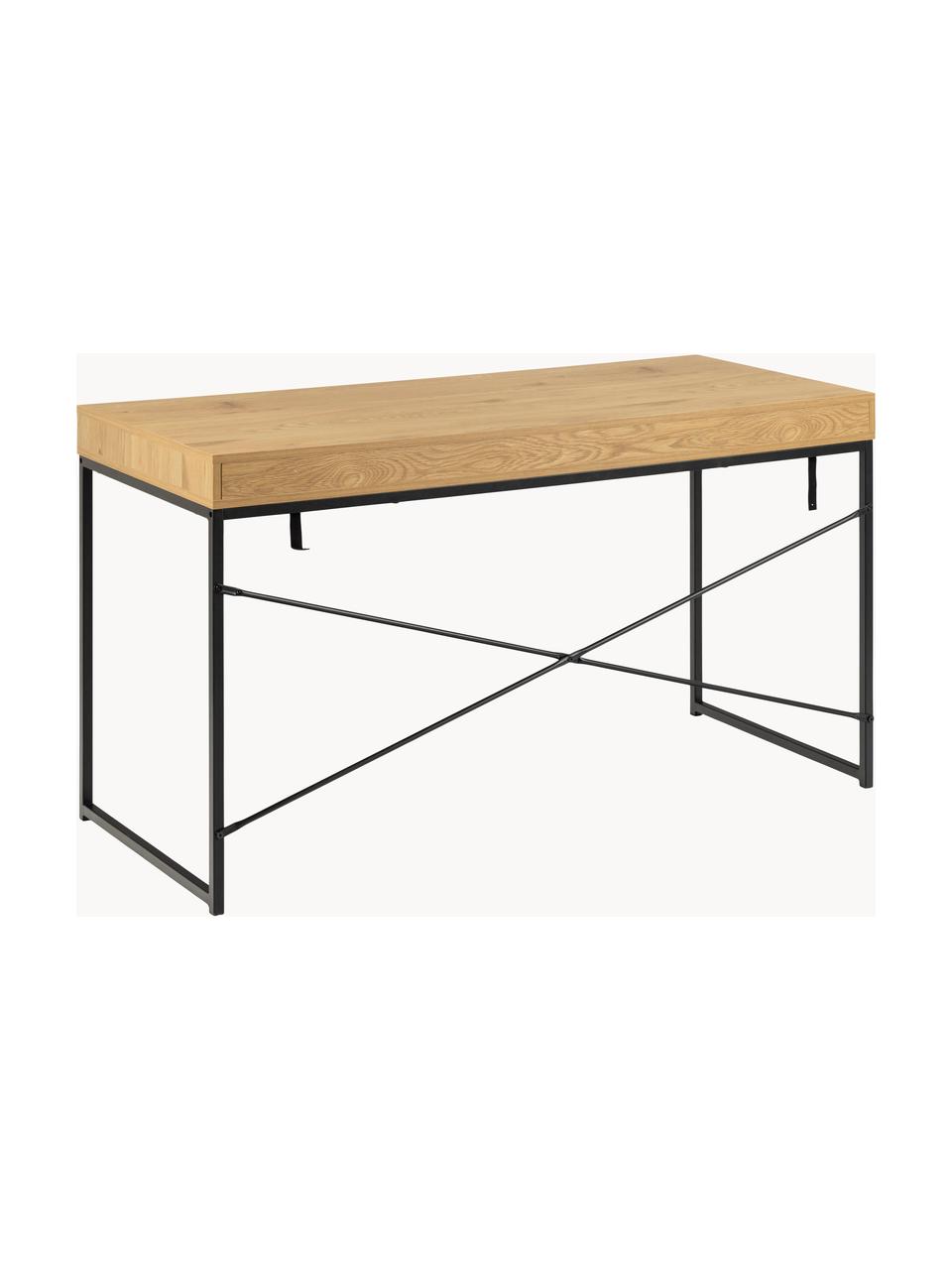 Bureau Seaford met lades, Tafelblad: gelamineerd MDF, wild eik, Frame: gepoedercoat metaal, Houtoptiek, zwart, B 140 x H 58 cm