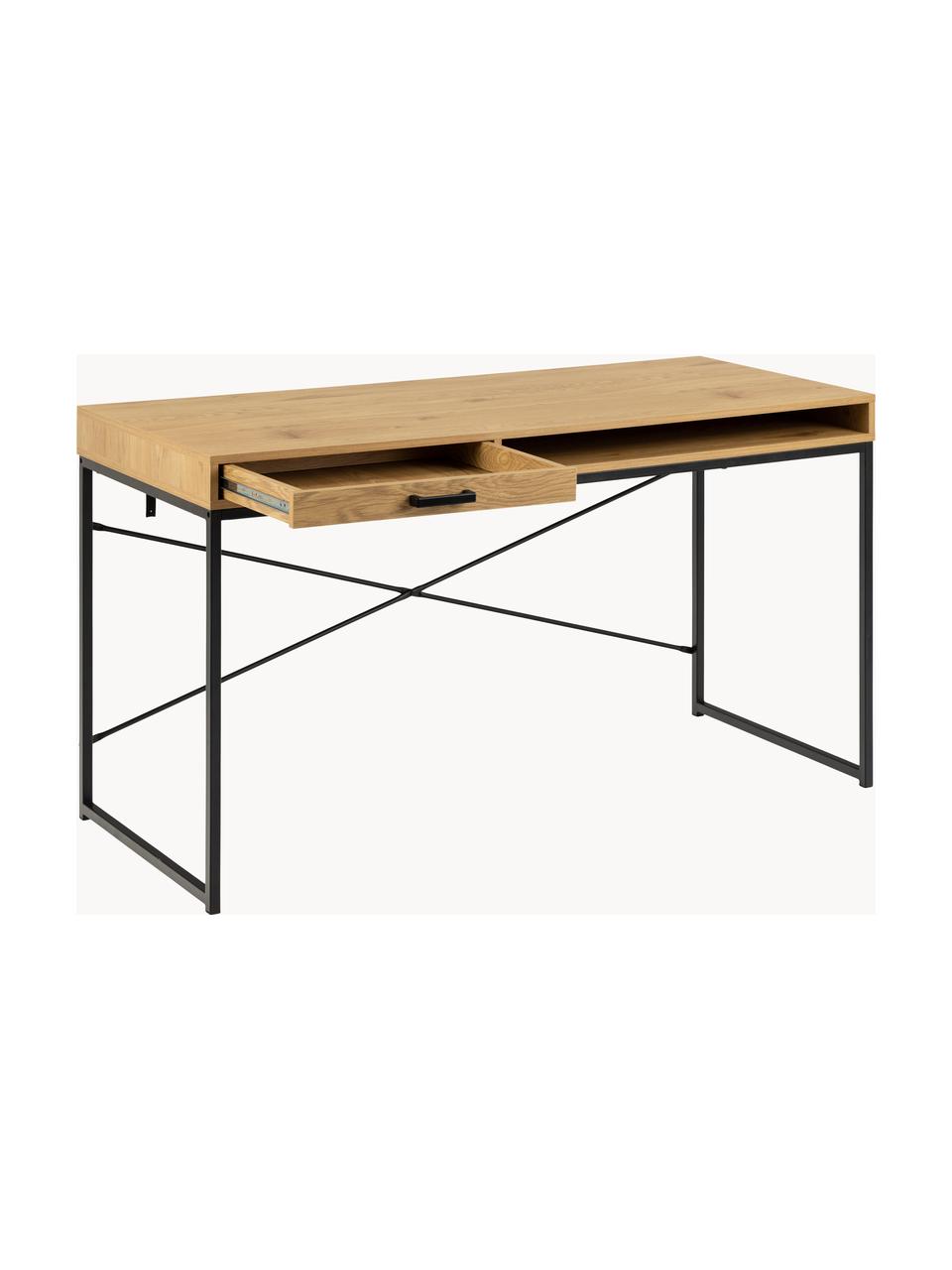 Bureau Seaford met lades, Tafelblad: gelamineerd MDF, wild eik, Frame: gepoedercoat metaal, Houtoptiek, zwart, B 140 x H 58 cm