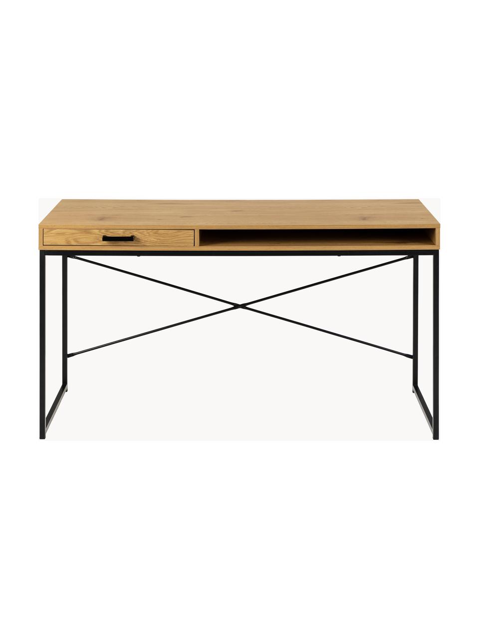 Bureau Seaford met lades, Tafelblad: gelamineerd MDF, wild eik, Frame: gepoedercoat metaal, Houtoptiek, zwart, B 140 x H 58 cm