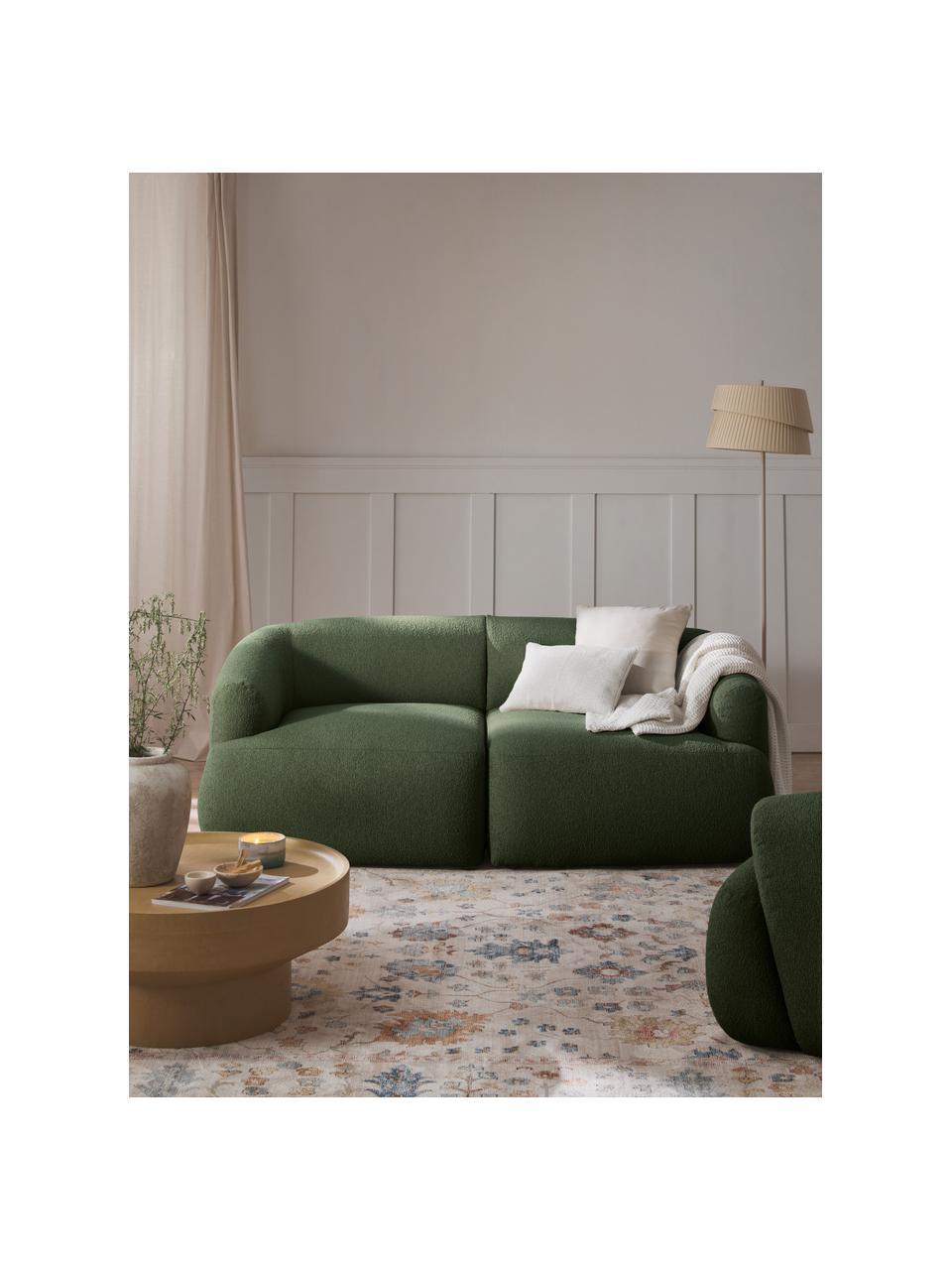 Modulares Bouclé-Sofa Sofia (2-Sitzer), Bezug: Bouclé (100 % Polyester) , Gestell: Fichtenholz, Spanplatte, , Bouclé Dunkelgrün, B 190 x T 103 cm