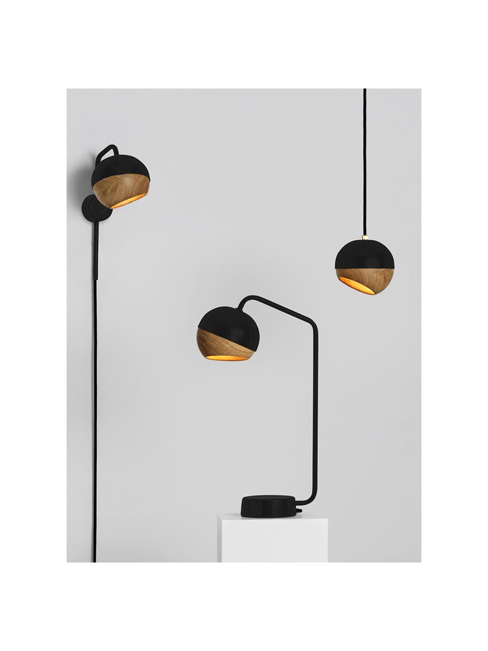 Lámpara de mesa LED Ray, Cable: cubierto en tela, Negro, madera de roble, An 12 x Al 40 cm