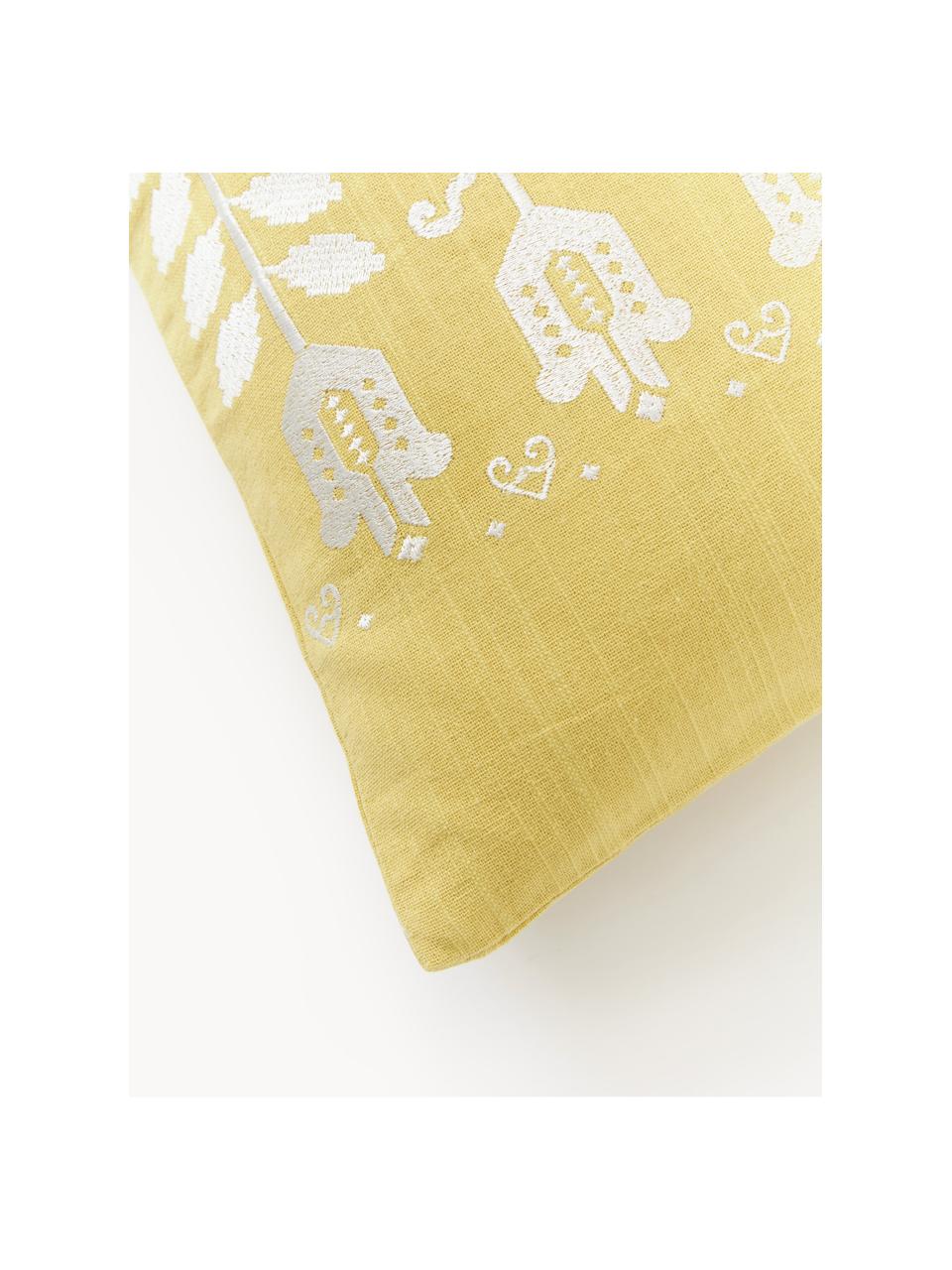 Housse de coussin 45x45 en coton brodé Jemima, Jaune citron, larg. 45 x long. 45 cm