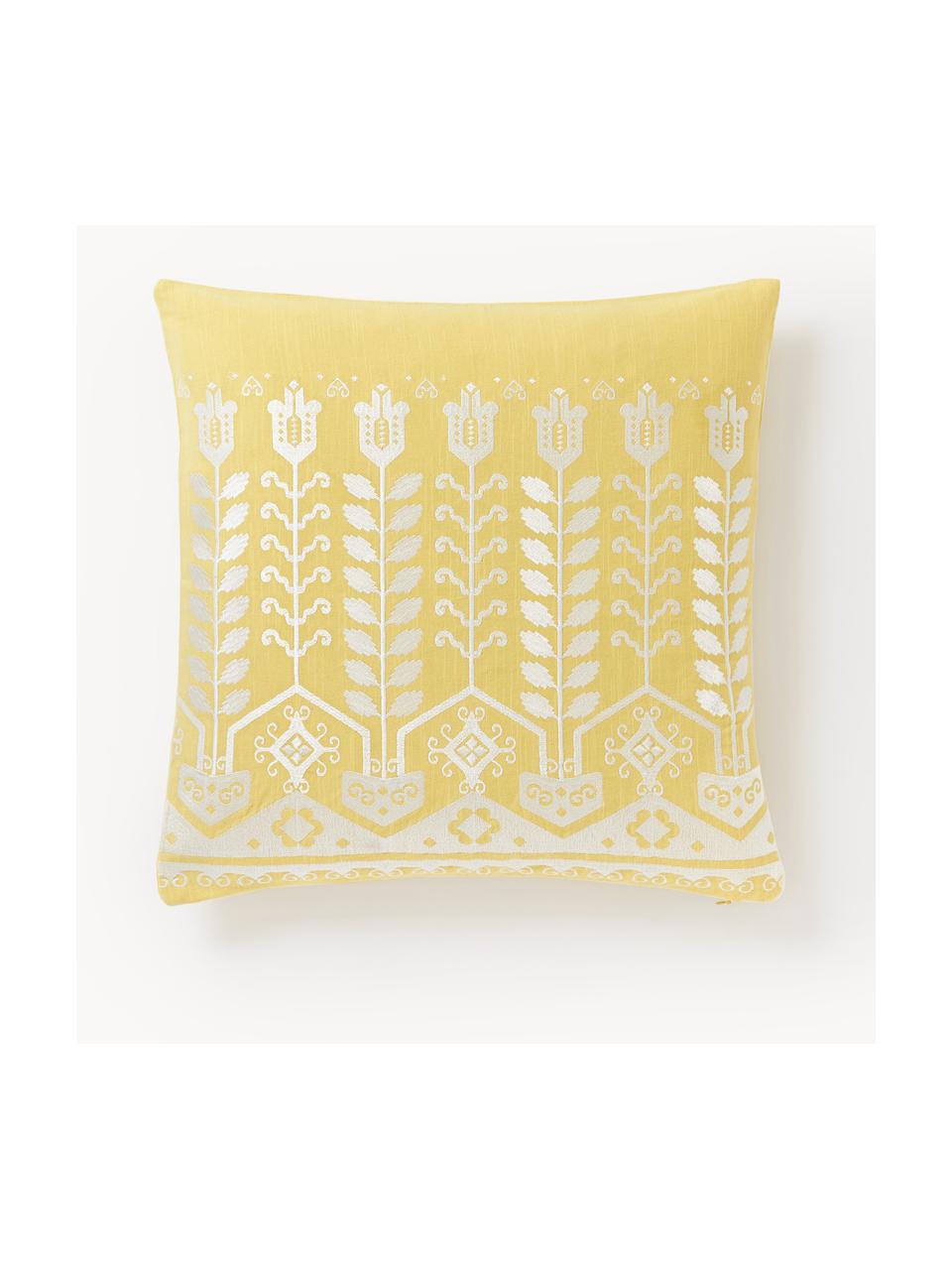 Housse de coussin 45x45 en coton brodé Jemima, Jaune citron, larg. 45 x long. 45 cm