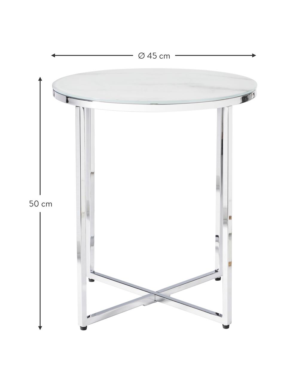 Table d'appoint ronde avec plateau en verre aspect marbre Antigua, Blanc aspect marbre, couleur chrome, Ø 45 x haut. 50 cm
