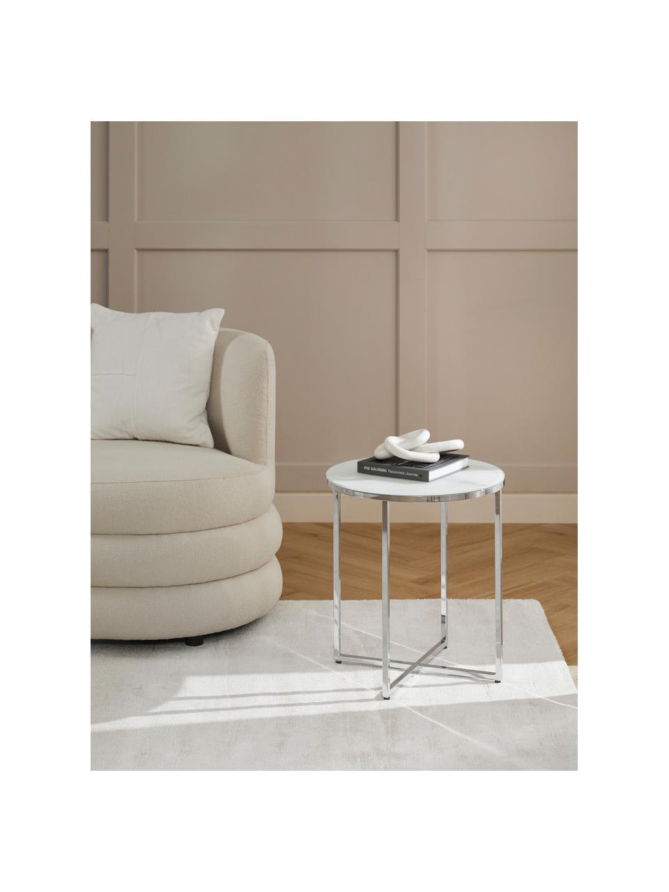 Table d'appoint ronde avec plateau en verre aspect marbre Antigua, Blanc aspect marbre, couleur chrome, Ø 45 x haut. 50 cm