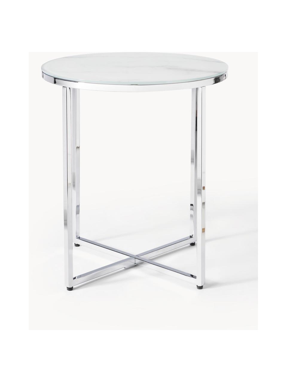 Tavolino rotondo con piano in vetro effetto marmo Antigua, Struttura: metallo cromato, Bianco effetto marmo. argentato lucido, Ø 45 x Alt. 50 cm