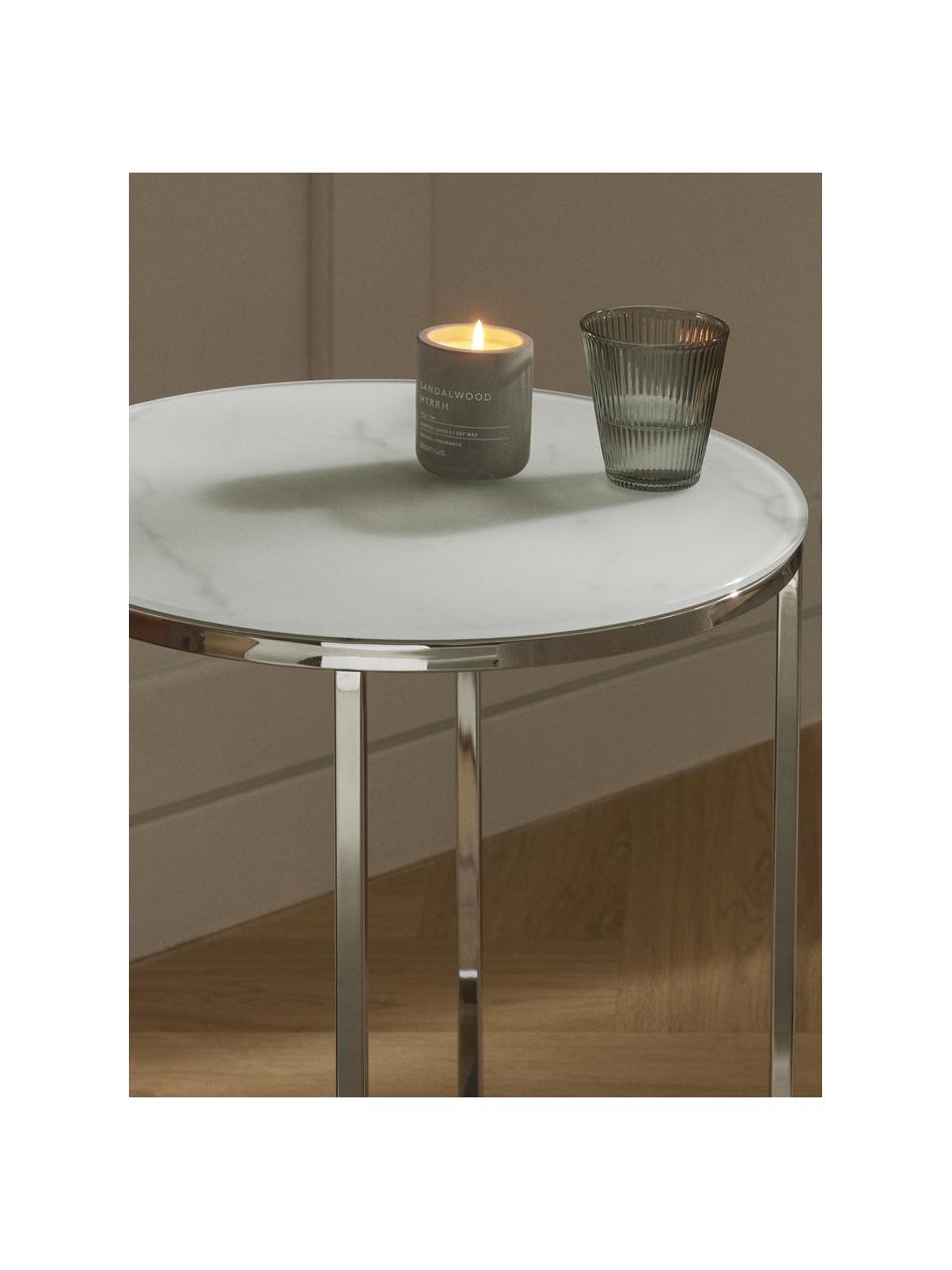 Mesa auxiliar redonda Antigua, tablero de vidrio en aspecto mármol, Tablero: vidrio estampado con aspe, Estructura: metal cromado, Aspecto mármol blanco, cromo, Ø 45 x Al 50 cm