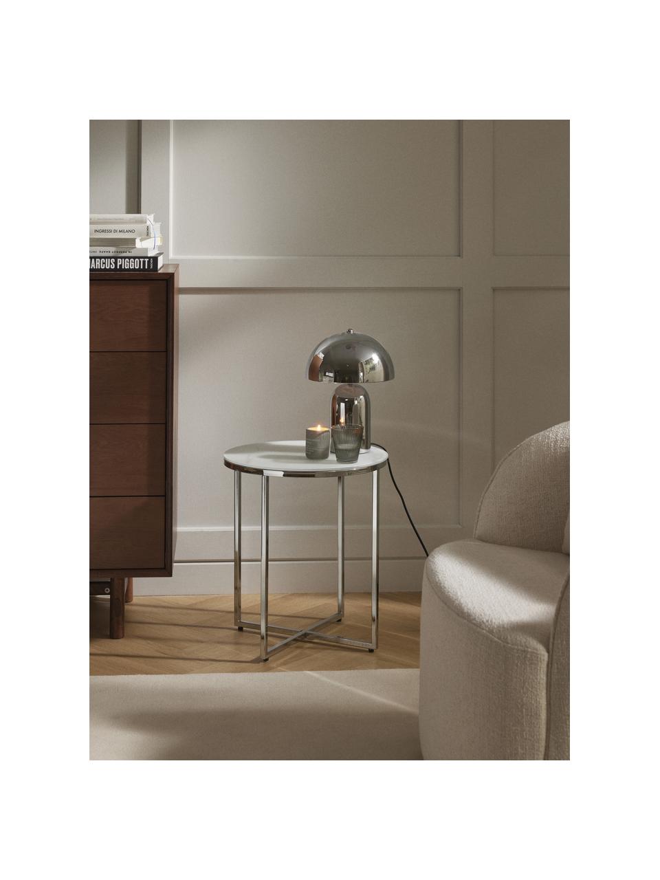 Mesa auxiliar redonda Antigua, tablero de vidrio en aspecto mármol, Tablero: vidrio estampado con aspe, Estructura: metal cromado, Aspecto mármol blanco, cromo, Ø 45 x Al 50 cm