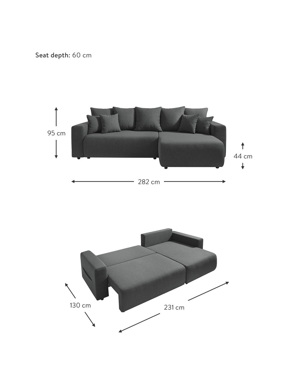 Sofá cama rinconero Elvi, con espacio de almacenamiento, Tapizado: poliéster con revestimien, Patas: plástico, Gris antracita, An 282 x F 153 cm