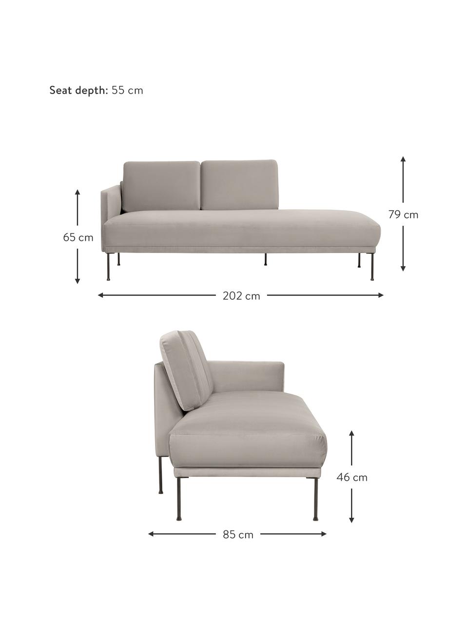 Chaise longue in velluto Fluente, Rivestimento: velluto (copertura in pol, Struttura: legno di pino massiccio, , Piedini: metallo verniciato a polv, Velluto greige, Larg. 202 x Prof. 85 cm, schienale a sinistra