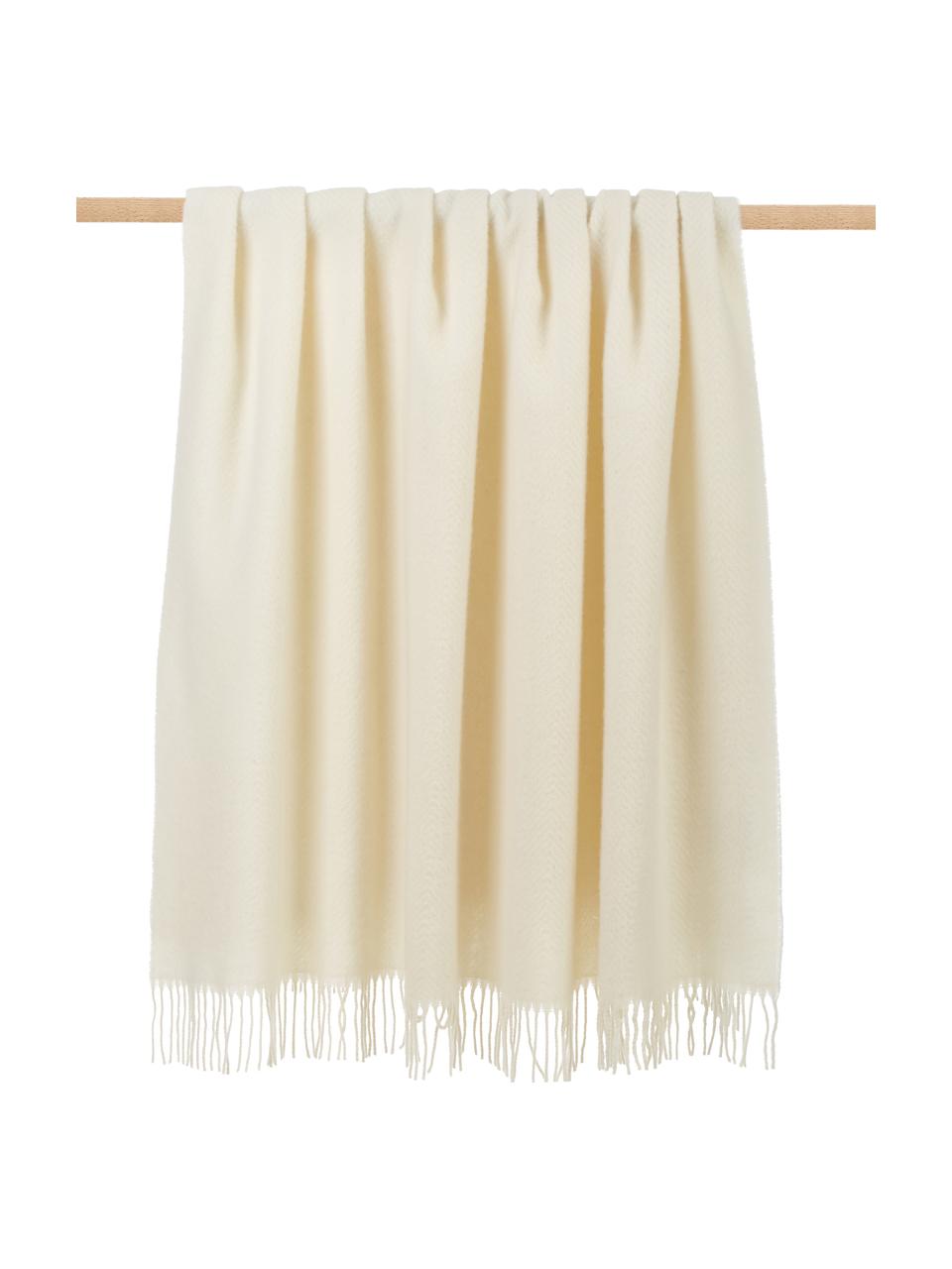 Plaid en laine à franges et motif chevrons Tirol-Mona, Blanc crème, larg. 140 x long. 200 cm