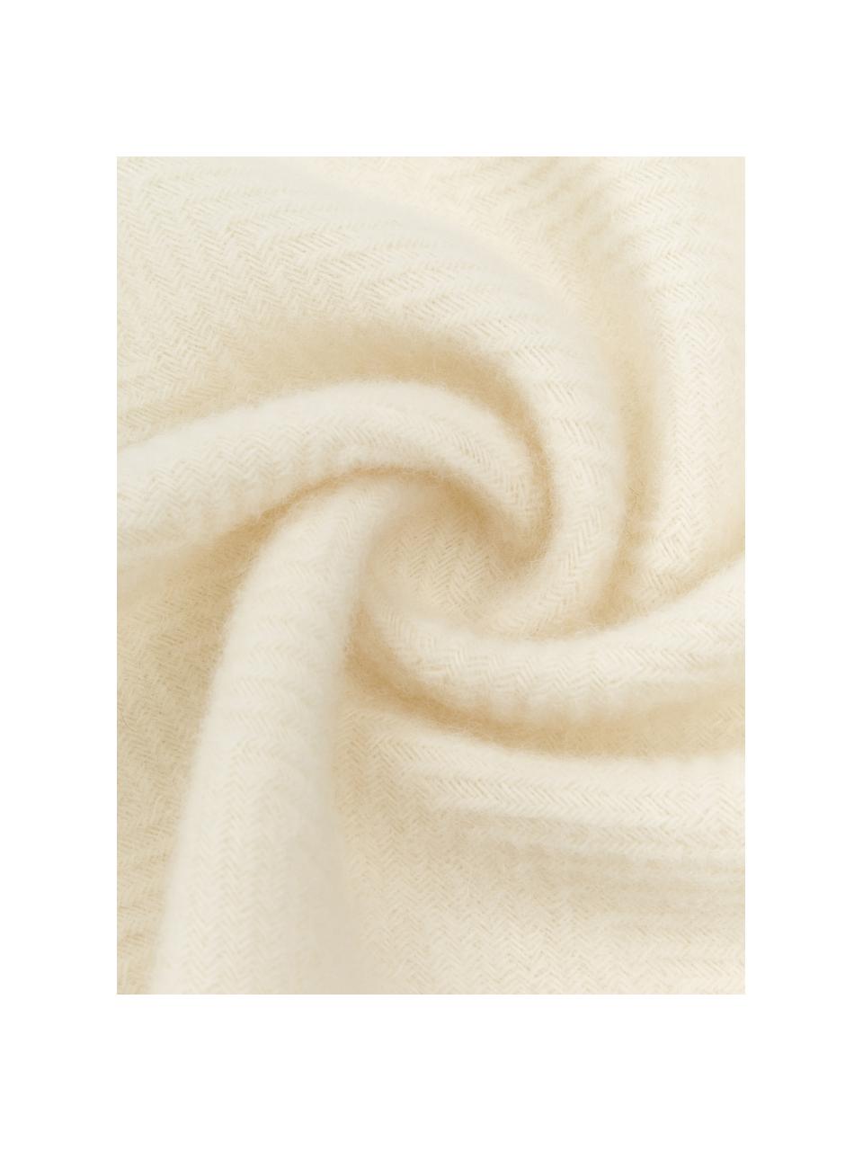 Coperta in lana con motivo a spina di pesce e frange Tirol-Mona, Bianco crema, Larg. 140 x Lung. 200 cm