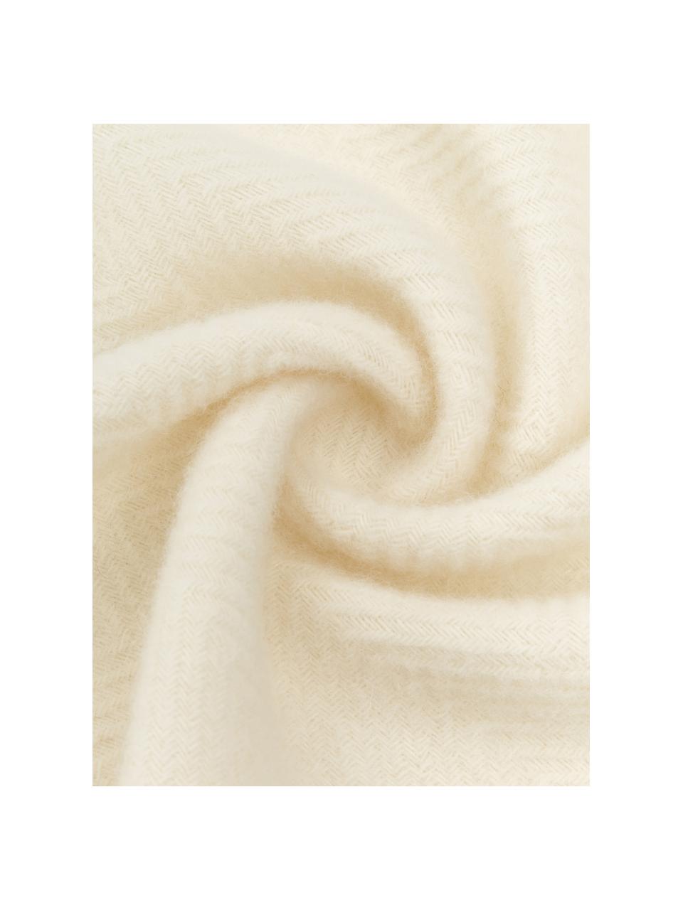 Coperta in lana con motivo a spina di pesce e frange Tirol, Bianco latte, Larg. 140 x Lung. 200 cm