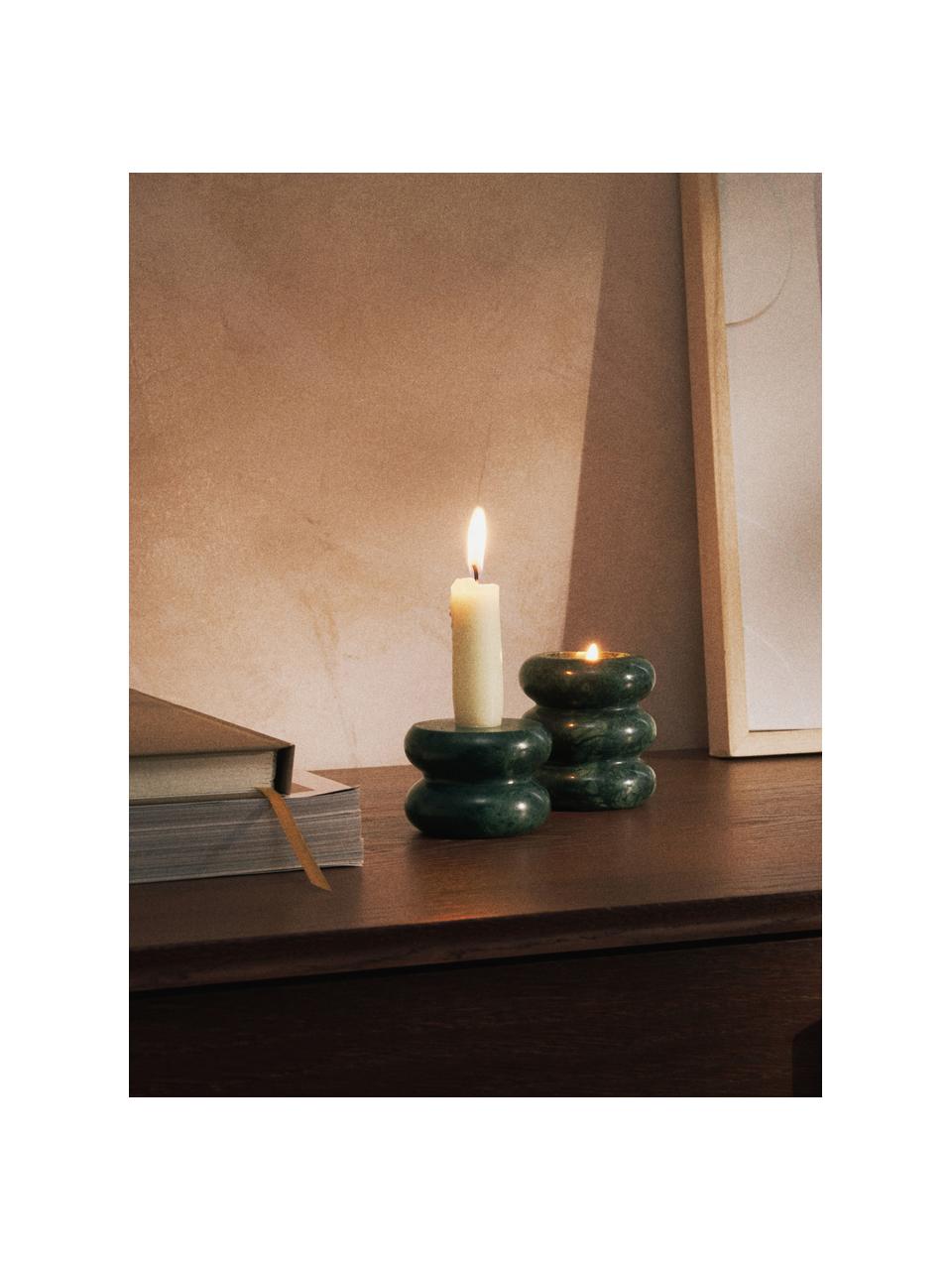 2in1 Kerzen- und Teelichthalter Orta aus Marmor, 2er-Set, Marmor, Dunkelgrün, marmoriert, Set mit verschiedenen Größen