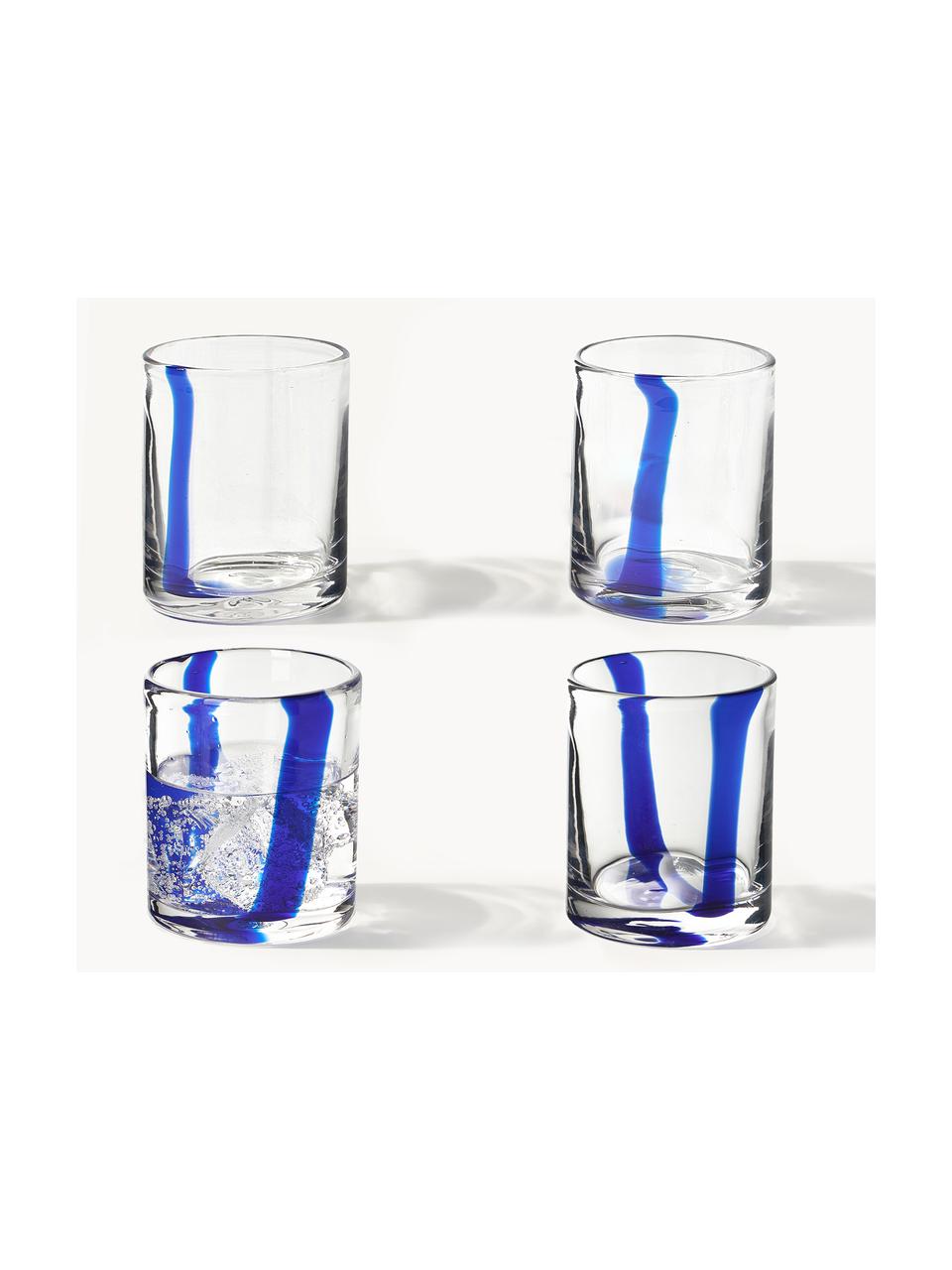 Set di 4 bicchieri in vetro soffiato Taha, Vetro sodico-calcico, soffiato a bocca

Grazie alla sua superficie liscia e non porosa, il vetro sodico-calcico è facile da pulire. Come altri tipi di vetro, è completamente riciclabile e contribuisce quindi a ridurre l'impatto ambientale. Tuttavia, va notato che è sensibile alle fluttuazioni di temperatura, quindi occorre prestare attenzione quando, ad esempio, si versano nel bicchiere liquidi molto caldi., Trasparente con decoro blu elettrico, Ø 8 x Alt. 10 cm, 350 ml