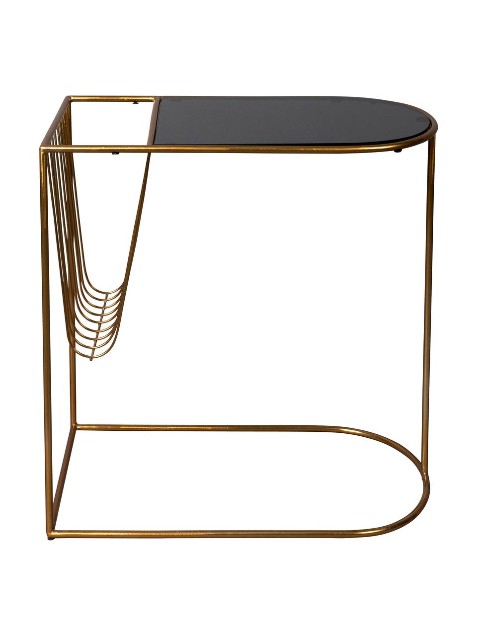 Kovový pomocný stolík s držiakom na časopisy Eileen, Mosadzné odtiene, čierna, Š 51 x H 32 cm