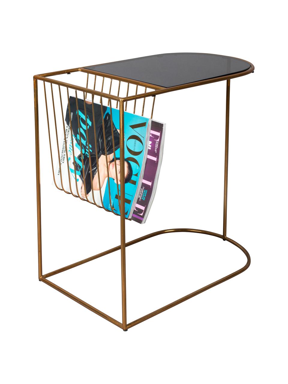 Stolik pomocniczy z metalu z uchwytem na czasopisma Eileen, Stelaż: metal malowany proszkowo, Blat: szkło hartowane, Odcienie mosiądzu, czarny, S 51 x G 32 cm