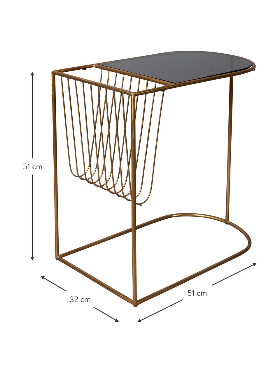 Mesa auxiliar con revistero Eileen, Estructura: metal con pintura en polv, Tablero: vidrio templado, Latón, negro, An 51 x F 32 cm