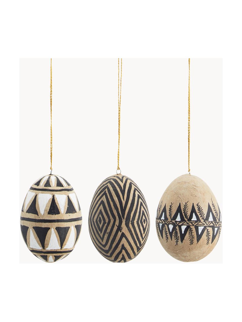 Set di 3 ciondolo decorativi dipinti a mano Uova di Pasqua, Cinturino: plastica, Beige, nero, bianco, Ø 5 x Alt. 7 cm