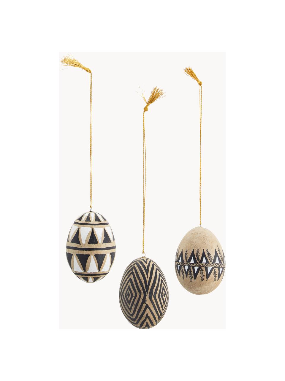 Set di 3 ciondolo decorativi dipinti a mano Uova di Pasqua, Cinturino: plastica, Beige, nero, bianco, Ø 5 x Alt. 7 cm