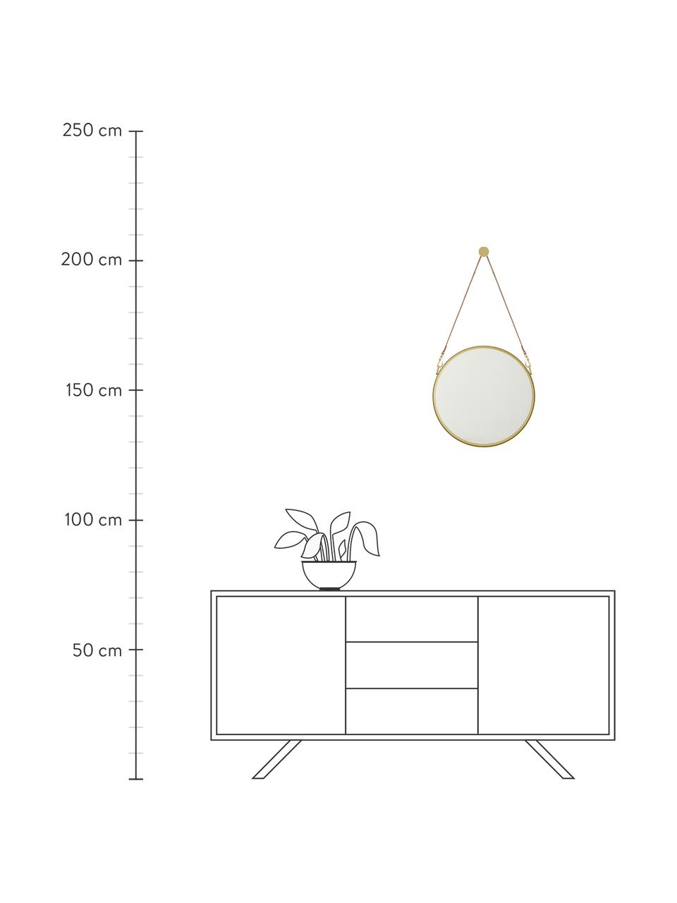 Runder Wandspiegel Liz mit brauner Lederschlaufe, Spiegelfläche: Spiegelglas, Rückseite: Mitteldichte Holzfaserpla, Gold, Ø 40 cm