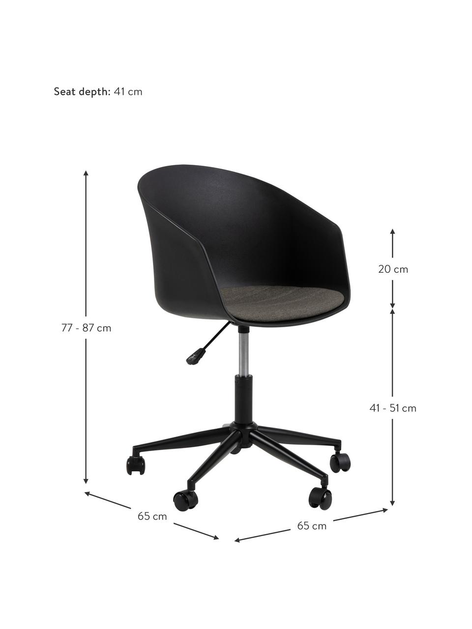 Chaise de bureau à hauteur ajustable Moon, Noir, gris foncé, larg. 65 x prof. 65 cm