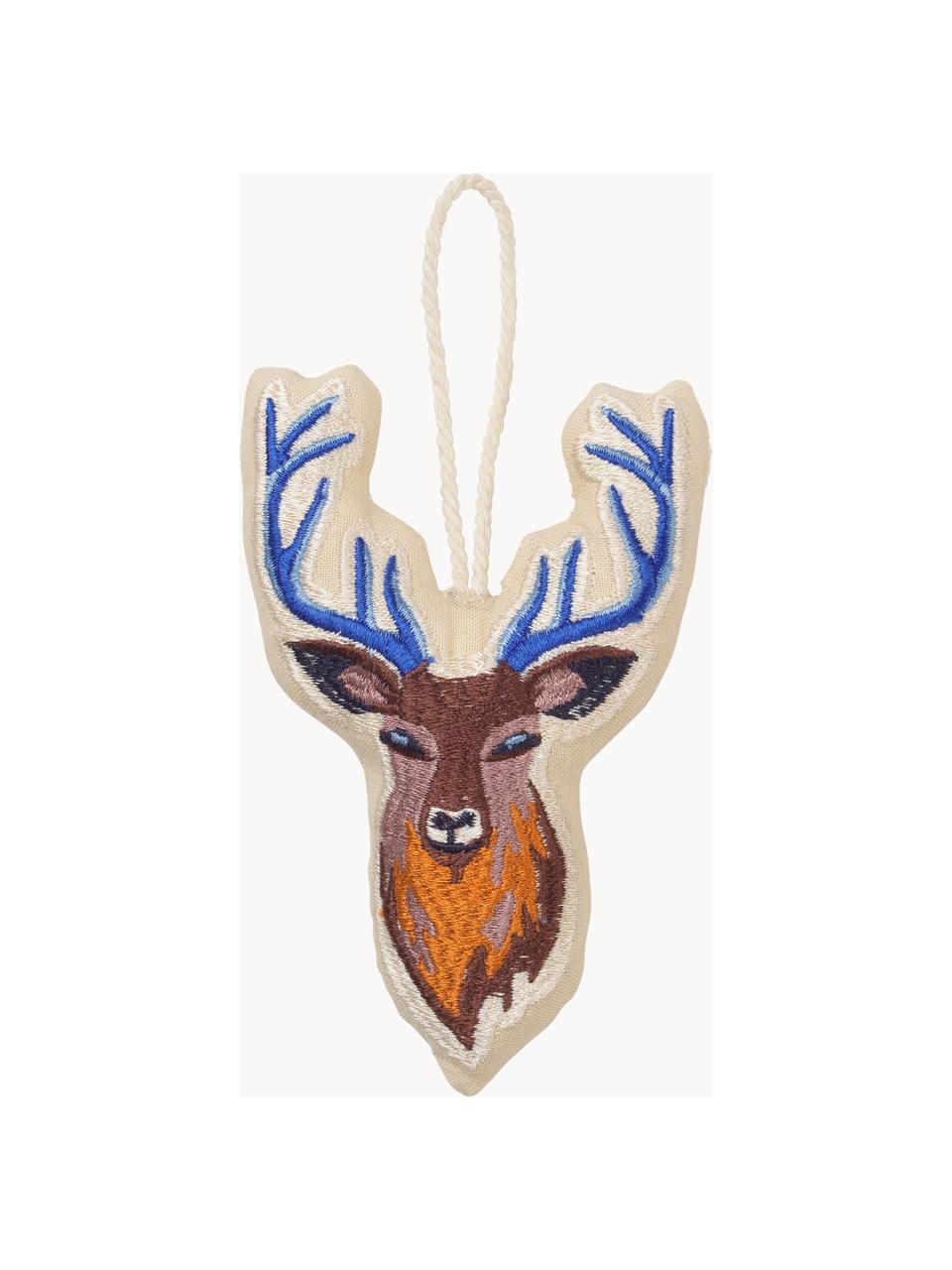 Bestickte Stoff-Baumanhänger Reindeer, 2 Stück, Baumwolle, Brauntöne, Blau, Beige, B 6 x H 10 cm