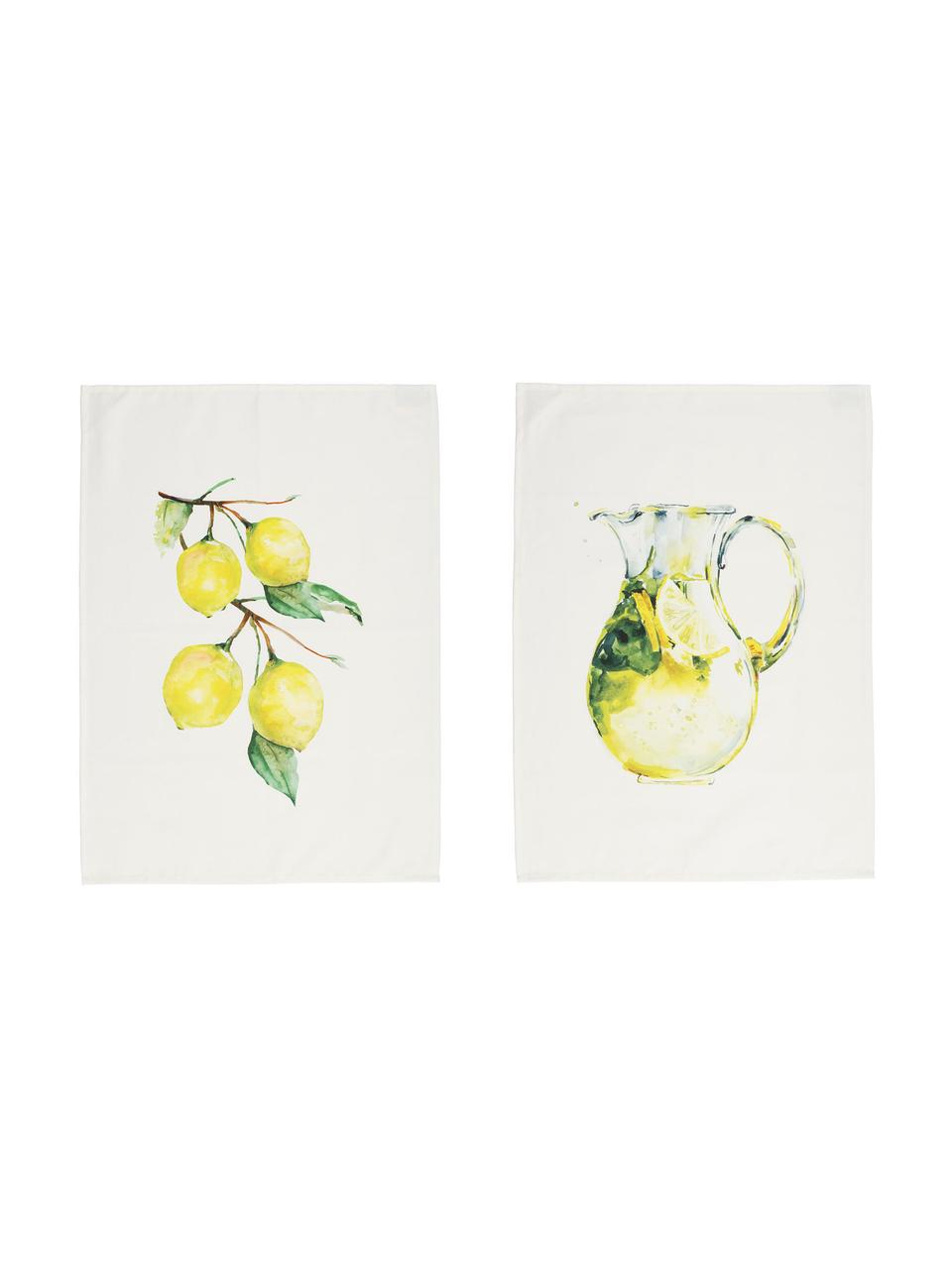 Strofinaccio in cotone con motivo limoni Citronade 2 pz, 100% cotone, Bianco, giallo, verde, Larg. 50 x Lung. 70 cm