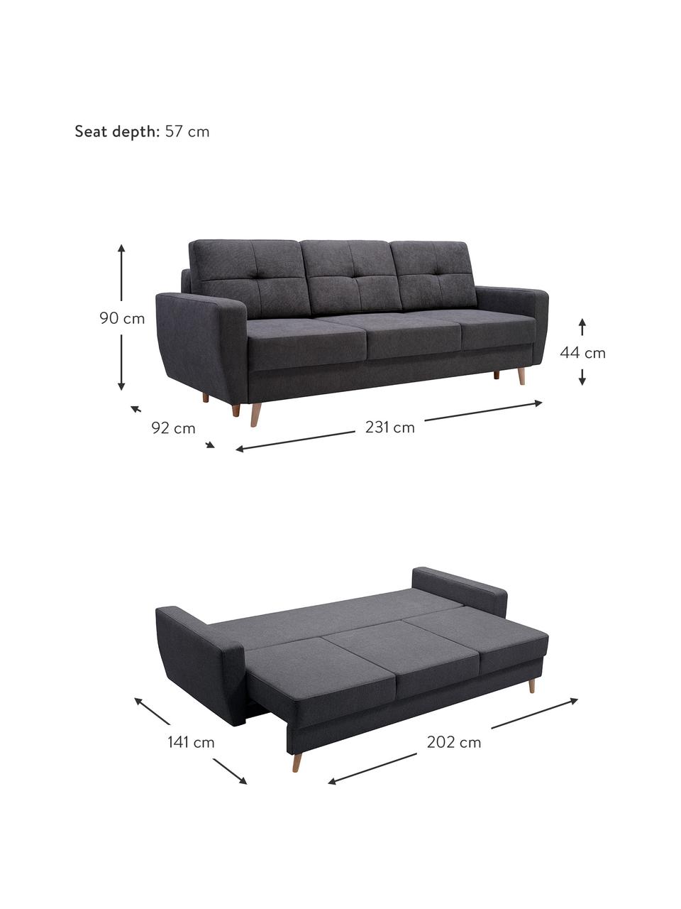 Sofá cama Bueno (3 plazas), con espacio de almacenamiento, Tapizado: 100% poliéster, Gris antracita, An 231 x F 92 cm