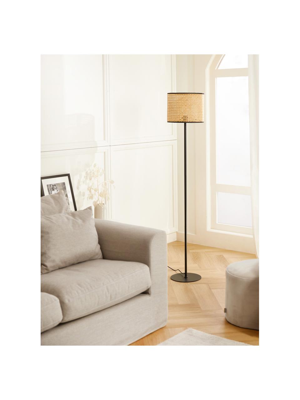 Stojací lampa s ratanovým stínidlem Wiley, Světle hnědá, černá, V 154 cm