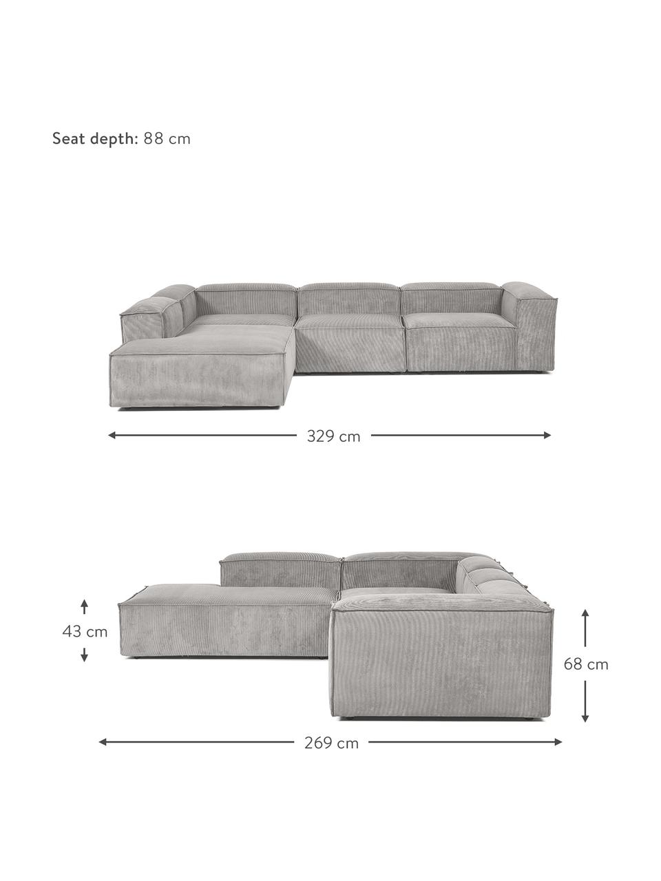 Modulares XL-Ecksofa Lennon aus Cord, Bezug: Cord (92% Polyester, 8% P, Gestell: Massives Kiefernholz, FSC, Füße: Kunststoff, Cord Grau, B 329 x H 68 cm, Eckteil links