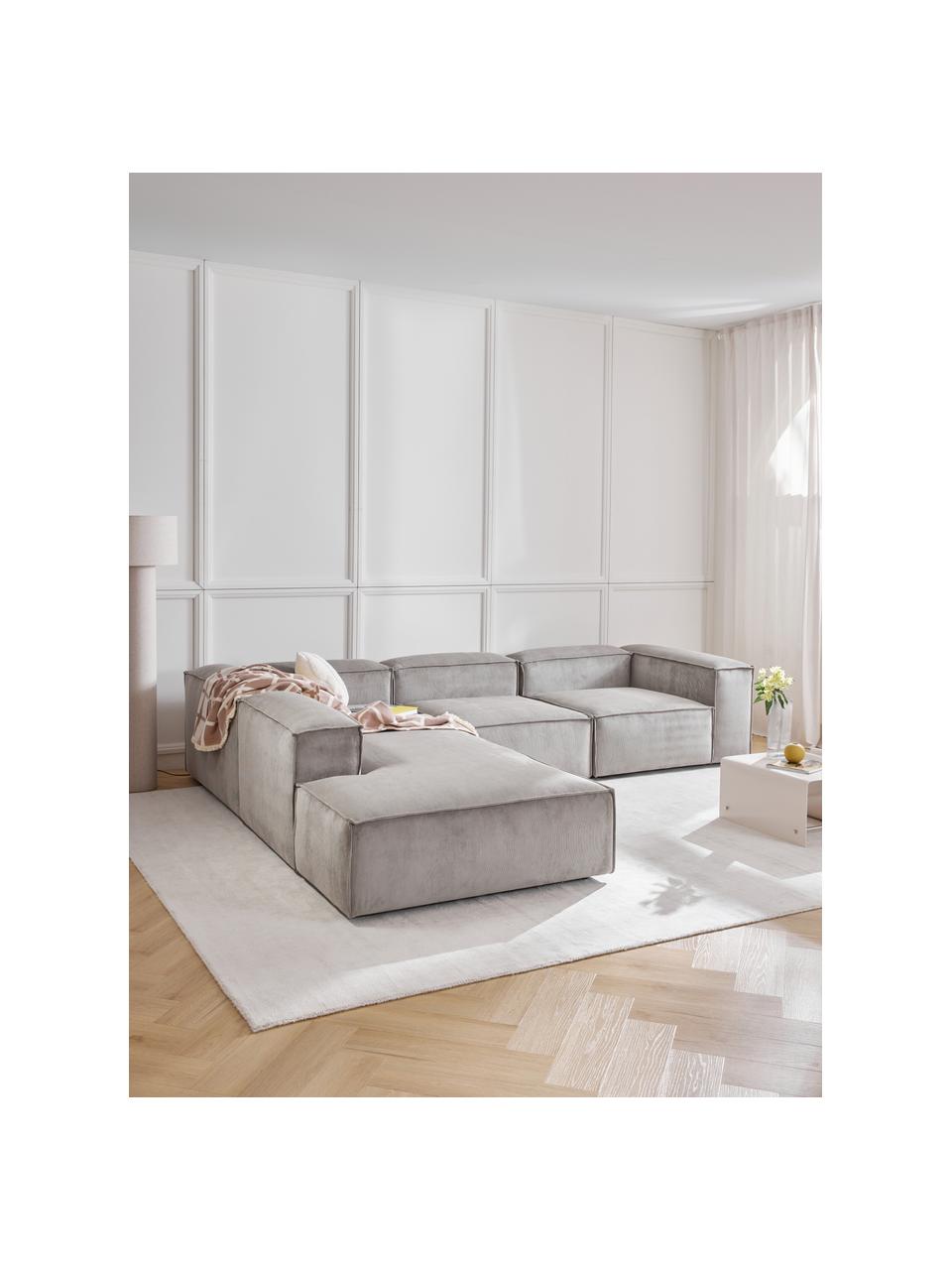 Sofá rinconera modular grande de pana Lennon, Tapizado: pana (92% poliéster, 8% p, Estructura: madera de pino maciza, ma, Patas: plástico Este producto es, Pana gris, An 329 x F 269 cm, chaise longue izquierda