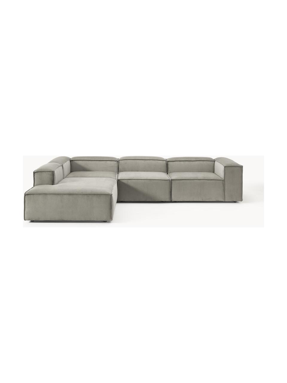 Sofá rinconera modular grande de pana Lennon, Tapizado: pana (92% poliéster, 8% p, Estructura: madera de pino maciza, ma, Patas: plástico Este producto es, Pana gris, An 329 x F 269 cm, chaise longue izquierda