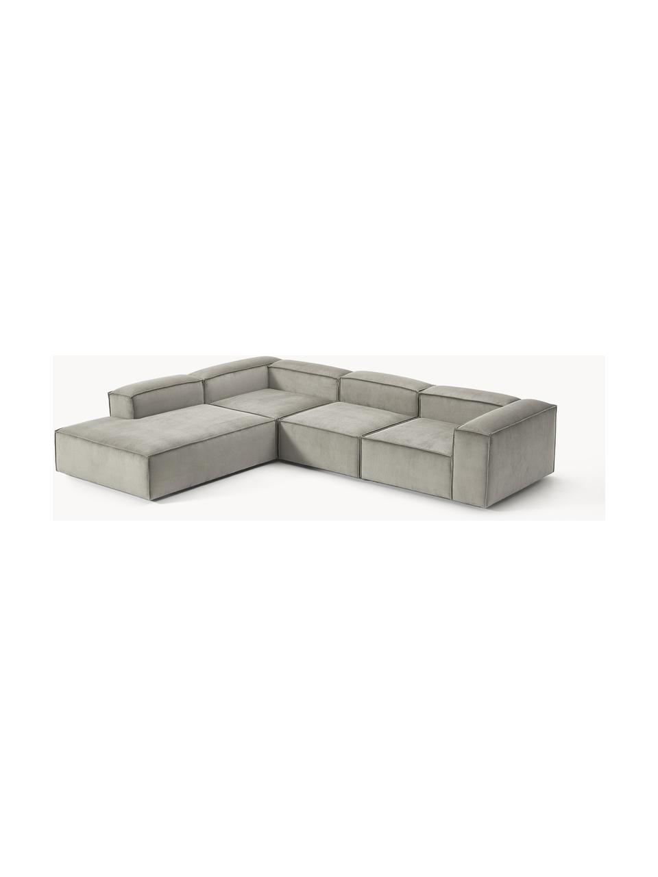 Sofá rinconera modular grande de pana Lennon, Tapizado: pana (92% poliéster, 8% p, Estructura: madera de pino maciza, ma, Patas: plástico Este producto es, Pana gris, An 329 x F 269 cm, chaise longue izquierda